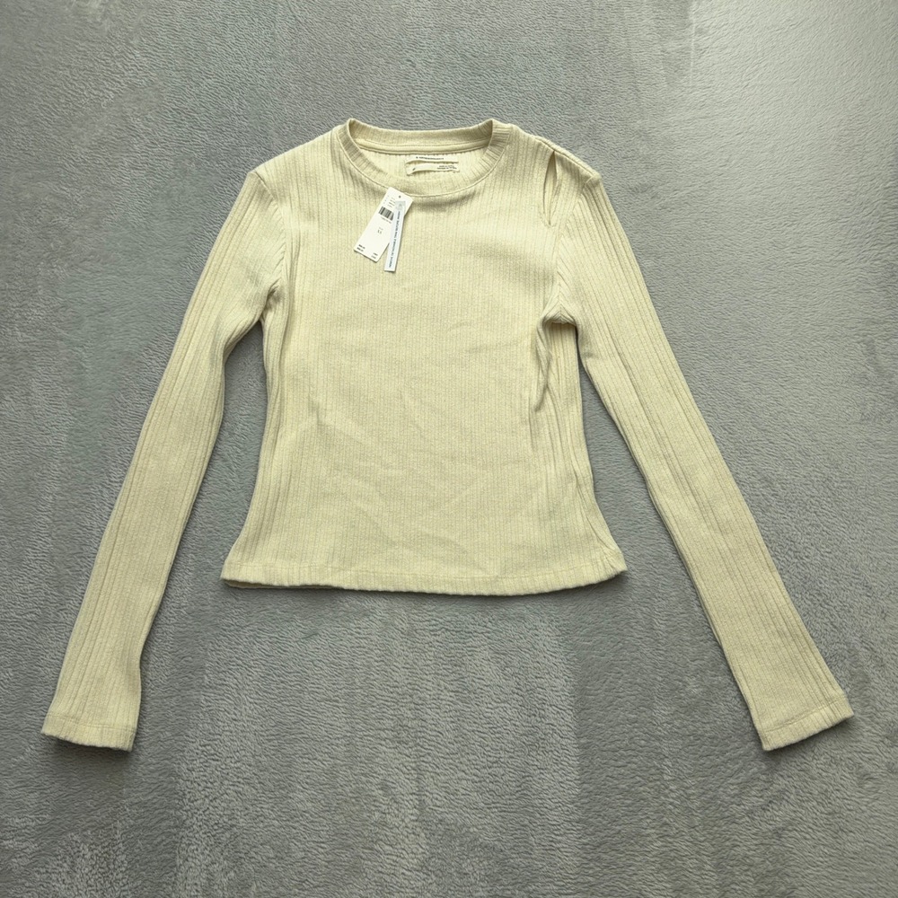NEW Anthropologie Top Womens XS Ivory Ribbed Knit Cold Shoulder Long Sleeve